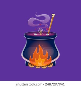 Cartoon Halloween cauldron with witch potion. Vector magic pot with boiling brew, skeleton arm and floating eyeballs in steaming goo. Isolated kettle with poison for evil wizard, sorceress or mage