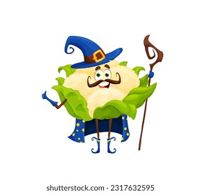 Cartoon halloween cauliflower wizard character. Isolated vector wizardly vegetable personage holding bewitching staff, dressed in warlock robe and hat. Funny healthy veggies necromancer or sorcerer