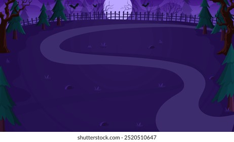 Paisaje de cementerio de Halloween de dibujos animados con luna llena para vacaciones de noche de terror, fondo de Vector. Cementerio o cementerio de Halloween en bosque embrujado con murciélagos voladores en nubes de niebla espeluznantes