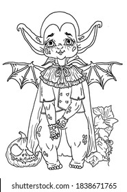 Cartoon halloween character, cute creature, little kind vampire with big ears and eyes, with plump cheeks, nice smile and small fangs, in long cloak with wings, in collar with bow-knot in and gloves.