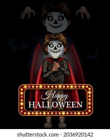 Cartoon halloween. Character design. Black  background. Vector illustration element. Poster, banner, template.Guy in a halloween costume. Face painted to look like a skeleton. Invitation. Party. Happy