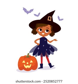 Cartoon Halloween character. Little witch with a pumpkin. Cute girl in a costume of witch.