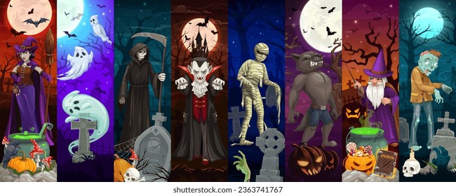 Cartoon Halloween characters collage with spooky monsters of horror night holiday. Vector vertical cards with scary zombie and mummy, grim reaper, witch or vampire, werewolf, wiz, ghosts at cemetery