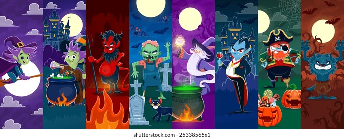 Cartoon Halloween characters collage with a witch, zombie, vampire, and pirate, devil, werewolf or wizard celebrate at spooky backgrounds featuring haunted castle, full moon, graveyard and cauldron