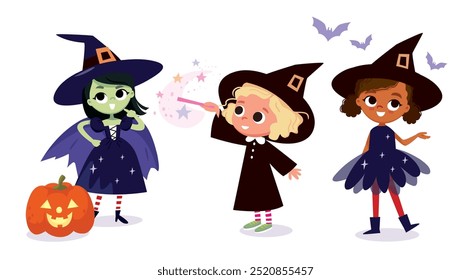 Cartoon Halloween characters. Cute girls in Halloween costumes. Magician girl in a big black hat with a magic stick.