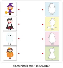 Cartoon halloween characters. Educational game for kids. Choose the correct silhouettes on the opposite side and connect the points