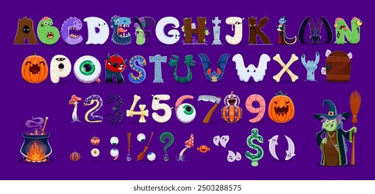 Cartoon Halloween characters font, scary typeface, funny holiday type, english fairytale alphabet. Vector Halloween letters font with witch, pumpkin, ghost, bat and zombie, mummy and vampire monsters