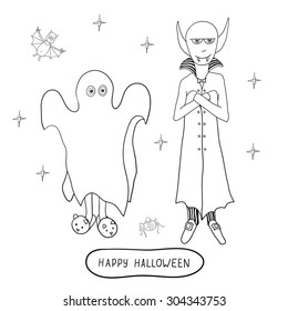 Cartoon halloween characters: ghost, vampire, spider and bat isolated on white background. Vector illustration. Eps 10. 