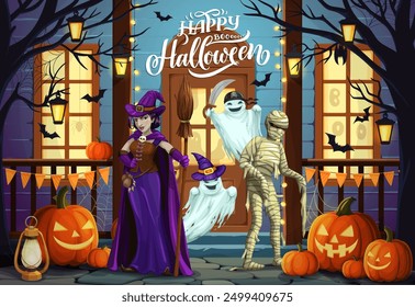 Personajes de Halloween de dibujos animados en el porche de la puerta de vacaciones. Vector truco o trato noche de horror bruja, fantasma, momia, murciélago y calabaza monstruos personajes, linternas de Halloween y banderas de banderas guirnalda