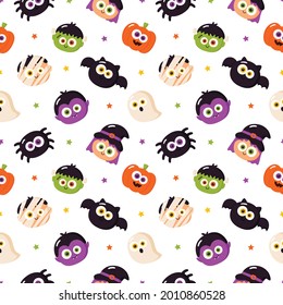 Cartoon halloween characters seamless pattern on white background. vector illustration.