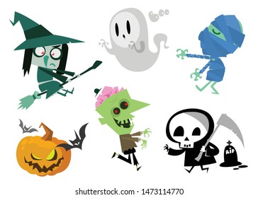 Cartoon Halloween characters set. Zombie, pumpkin head, mummy, bat, witch, ghost, grim reaper, death and cemetery