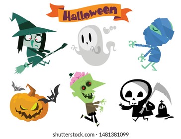 Cartoon Halloween characters set. Zombie, pumpkin head, mummy, bat, witch, ghost, grim reaper, death and cemetery