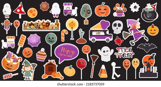 Cartoon Halloween Characters. Halloween Stickers Set Witch, Mummy, Ghost, Pumpkin. Vector Illustration.