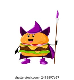 Cartoon Halloween cheeseburger fast food mage, wizard and witch character. Isolated vector cheesy burger personage with sesame seeds, hat and robe, casting delicious spells and flavorful enchantments