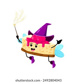 Cartoon Halloween cheesecake fast food mage, wizard and witch character. Isolated vector whimsical sweet fairy personage wielding a wand, concocts magical desserts amidst a swirl of enchanted treats