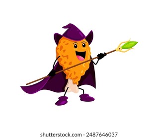 Cartoon Halloween chicken drumstick fast food mage, wizard and witch character. Isolated vector personage in a hat casting flavorful spells, conjuring a tasty magic and crispy enchantments with staff