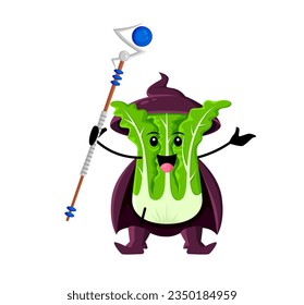 Cartoon Halloween chinese cabbage vegetable wizard character with magical staff casting spells and enchantments with wisdom and power, bring mystical energy, life, growth, and transformations to world