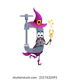 Cartoon Halloween clamp tool wizard character. Isolated vector clasp or jaw workshop instrument holding magic wand ready for party. Construction equipment warlock casting dark incantation or spell