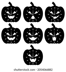 Cartoon halloween clock and pumpkin with scary face. Black and white vector set icons and illustrations.