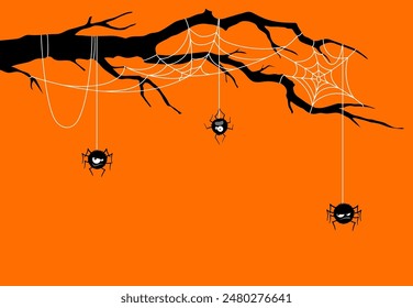 Telaraña de Halloween y arañas divertidas en el borde de la rama del árbol. Vector negro divertidos personajes arácnidos cuelgan de las cuerdas por los Web. Venom scary spinner personajes en telarañas, marco decorativo