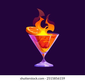 Cartoon Halloween cocktail or monster drink with hell fire flame, vector magic potion. Halloween horror night and trick or treat holiday cocktail with orange slice and burning fire for spooky lemonade