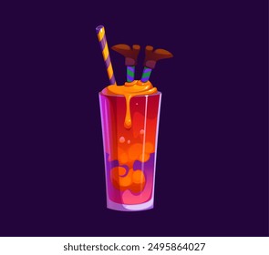 Cóctel de Halloween de dibujos animados en un vaso alto, con capas rojas y naranjas, rematado con piernas de bruja y pajitas a rayas. Vector espeluznante fiesta bebida, brebaje o brebaje para la espeluznante celebración de vacaciones, menú de bar