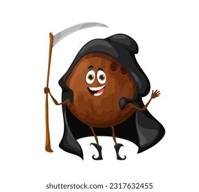 Caricatura del personaje de coco de Halloween. Personaje vectorial aislado de nueces tropicales disfrazado con espeluznante traje de parra con guadaña. Muerte caprichosa con expresión sonriente en la cara, coco lindo y peculiar