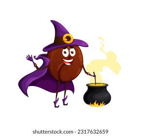 Cartoon Halloween coffee bean sorcerer character. Isolated vector funny enchanter grain wear cloak and pointed hat cooking potion in cauldron. Jovial magician personage with enchantment magical items