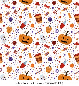 Cartoon Halloween coffee cup, tasty sweets, scary pumpkin lantern, mushroom seamless pattern. Isolated on white background. Design for holiday wrapping, and textiles.