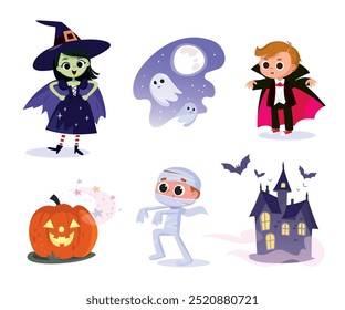 Coleção de Halloween de desenhos animados. Pequena bruxa, abóbora, casa escura, zumbi, drácula, fantasmas, lua cheia.