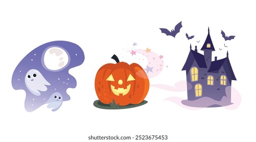 Coleção de Halloween de desenhos animados. Abóbora, casa escura, fantasmas, lua cheia.