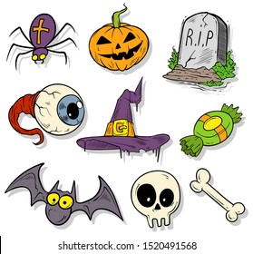 Cartoon halloween colorful hand drawn monsters and objects. Bat and witch. Tomb and skull. Pumpkin and candy. Isolated on white background. Halloween vector sticker set.