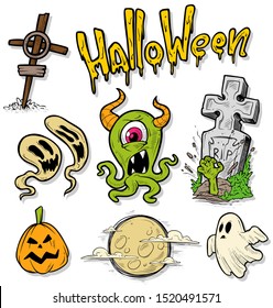 Cartoon halloween colorful hand drawn monsters and objects. Ghost and cross. Tomb and zombie. Pumpkin and alien. Isolated on white background. Halloween vector sticker set.