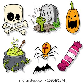 Cartoon halloween colorful hand drawn monsters and objects. Skull and tomb. Candy and pumpkin. Poison and bat. Isolated on white background. Halloween vector sticker set.