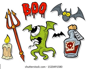 Cartoon halloween colorful hand drawn monsters and objects. Bat and trident. Candle and poison. Dragon and candle. Isolated on white background. Halloween vector sticker set.