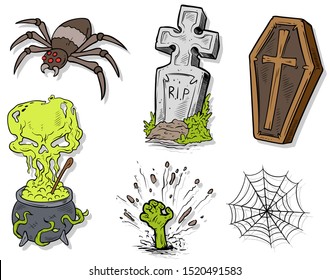 Cartoon halloween colorful hand drawn monsters and objects. Coffin and tomb. Spider and cauldron. Poison and zombie. Isolated on white background. Halloween vector sticker set.