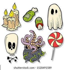 Cartoon halloween colorful hand drawn monsters and objects. Ghost and cauldron. Candle and zombie finger. Skull and lollipop. Isolated on white background. Halloween vector sticker set.