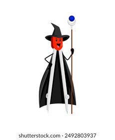 Cartoon Halloween compass school stationery mage, wizard and witch character. Isolated vector personage divider, in a magical robe and a staff, adding enchantment and charm to the academic atmosphere