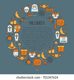 Cartoon Halloween concept in circle with thin line icons: vampire, bat, pumpkin, . Vector illustration for invitation card, party announcement. 