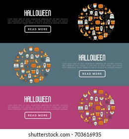 Cartoon Halloween concept in circle with thin line icons: vampire, bat, pumpkin. Vector illustration for invitation card, party announcement. 