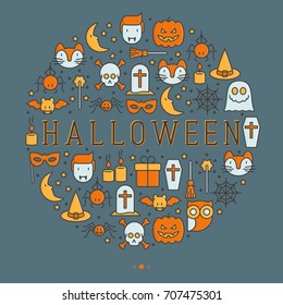Cartoon Halloween concept in circle with thin line icons: vampire, bat, pumpkin. Vector illustration for invitation card, party announcement. 
