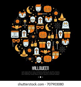 Cartoon Halloween concept in circle with thin line icons: vampire, bat, pumpkin. Vector illustration for invitation card, party announcement. 