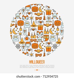 Cartoon Halloween concept in circle with thin line icons: vampire, bat, pumpkin. Vector illustration for invitation card, party announcement. 