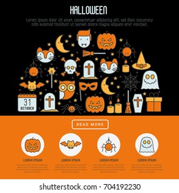 Cartoon Halloween concept in half circle with thin line icons: vampire, bat, pumpkin. Vector illustration for invitation card, party announcement. 