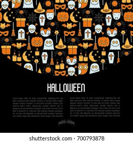 Cartoon Halloween concept with thin line icons: . Vector illustration for invitation card, party announcement. 