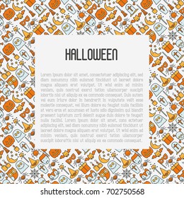 Cartoon Halloween concept with thin line icons: vampire, bat, pumpkin, . Vector illustration for invitation card, party announcement. 