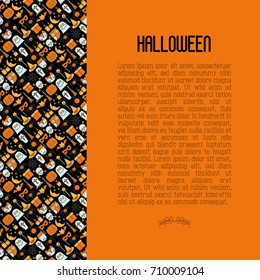 Cartoon Halloween concept with thin line icons: vampire, bat, pumpkin. Vector illustration for invitation card, party announcement. 