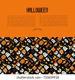 Cartoon Halloween concept with thin line icons: vampire, bat, pumpkin. Vector illustration for invitation card, party announcement. 