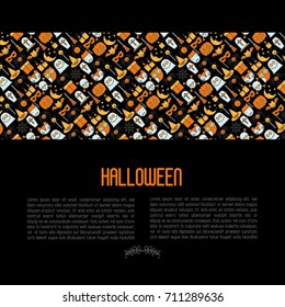Cartoon Halloween concept with thin line icons: vampire, bat, pumpkin. Vector illustration for invitation card, party announcement. 