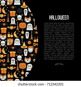 Cartoon Halloween concept with thin line icons: vampire, bat, pumpkin. Vector illustration for invitation card, party announcement. 
